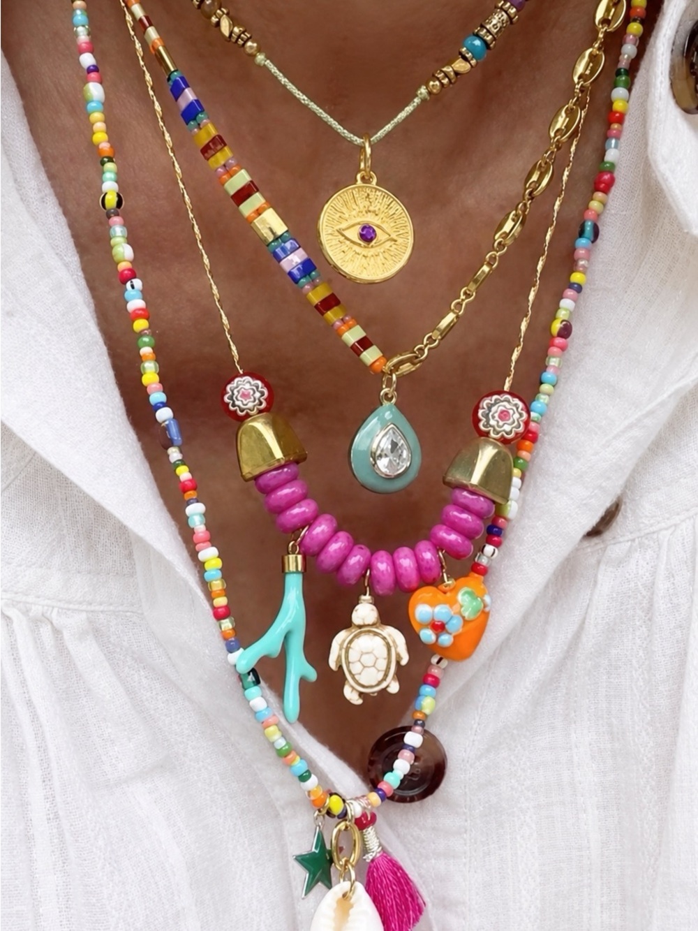 Layered Multicolor Beaded Charm Necklace Set - Pink & Gold Accents